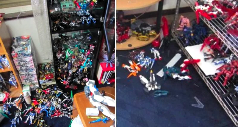 There are two photos of the demolished anime collection with pieces lying in ruins on the floor.